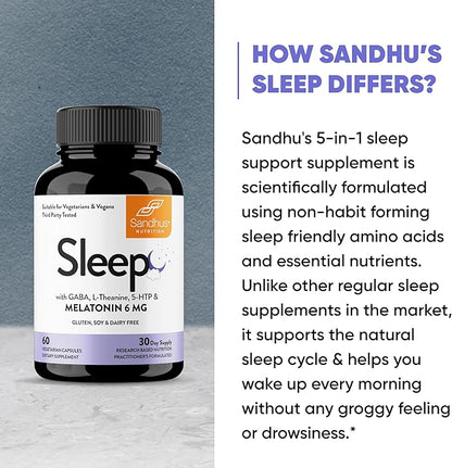 Sandhu's Sleep 60 Capsules –Non-Habit Forming 5-in-1 Sleep Aid Supplement with Melatonin, Magnesium, GABA, L-Theanine & 5-HTP