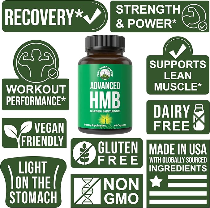 Peak Performance Advanced HMB Supplement for Men & Women - Calcium Beta-Hydroxy Beta-Methylbutyrate Capsules - Supplements for Strength, Recovery, & Lean Muscle - 1000mg of Pure HMB Per Serving