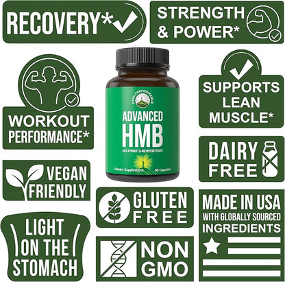 Peak Performance Advanced HMB Supplement for Men & Women - Calcium Beta-Hydroxy Beta-Methylbutyrate Capsules - Supplements for Strength, Recovery, & Lean Muscle - 1000mg of Pure HMB Per Serving