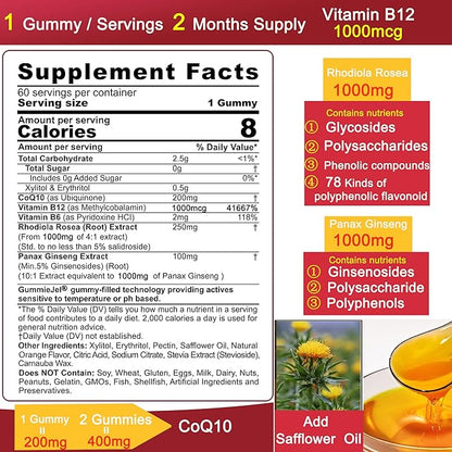 Sugar Free CoQ10 Gummies 200mg/400mg, w/ Methyl B12 1000mcg, B6, Rhodiola Rosea & Panax Ginseng, Ultra Absorption CoQ10 Supplement for Energy, Hear-t Health, Antioxidant & Brain Support,60-Day Supply