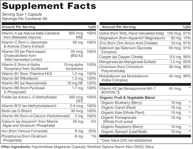NATURELO One Daily Multivitamin for Women w/Vitamin B12, 60 Ct, Energy Support, Whole Food Daily Women Multivitamin Supplement, Nourish Hair/Skin/Nail, Non-GMO, No Soy, Gluten Free, 2 Month Supply