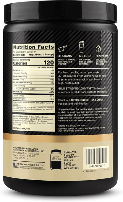Optimum Nutrition Gold Standard 100% Whey Protein Powder, Naturally Flavored Vanilla, 15 Servings (Packaging May Vary)