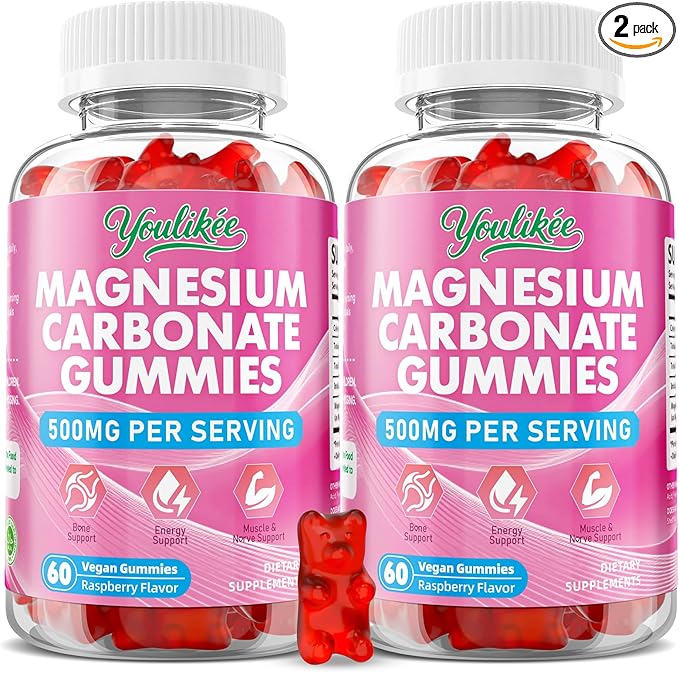 2 Pack Magnesium Carbonate 500mg Gummies, High Absorption Magnesium Supplement for Adults - Support Muscle Function, Vegan, Sugar Free, Raspberry Flavor, 120 Count