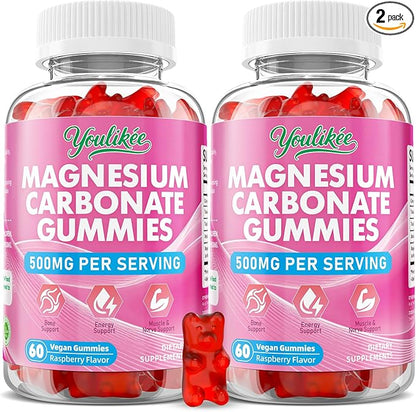 2 Pack Magnesium Carbonate 500mg Gummies, High Absorption Magnesium Supplement for Adults - Support Muscle Function, Vegan, Sugar Free, Raspberry Flavor, 120 Count