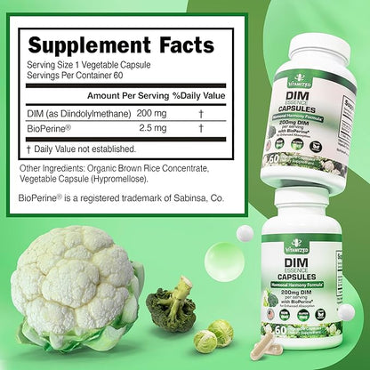Dim Estrogen Supplement for Hormone Harmony & Skin Health, 2 Month Supply - 200 mg Diindolylmethane for Metabolism Balance, Menopause, Mood Support w Bioperine for Higher Absorption
