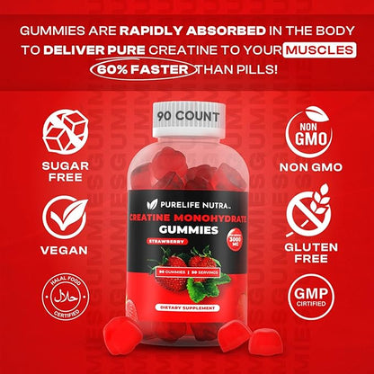 Creatine Monohydrate Gummies - 3g Serving, Sugar Free, 90 Count, Non-GMO, Designed for Men & Women, Gluten Free, Non Bloating - Vegan, Halal, Kosher. (90 Units, Strawberry)
