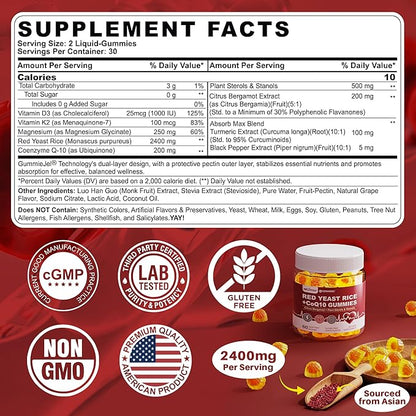 Red Yeast Rice Gummies 2400MG with CoQ10, Suagr Free Balanced Chṏlesterṏl Supplements Plus Citrus Bergamot, Plant Sterols & Stanols Supports Vḁsculḁr Health, Energy, Immunity for Age 50+,Vegan,60 Cts