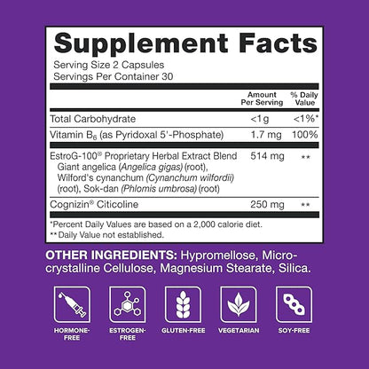 Qunol Menopause Relief + B6 Hormone & Estrogen Free Supplement, Menopause Support for Brain Fog, Hot Flashes, Night Sweats, Mood Swings, 60 Capsules