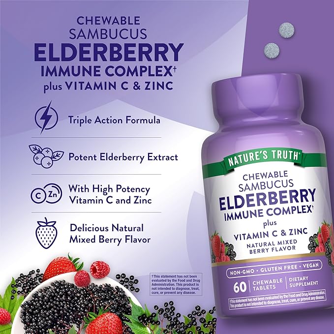 Nature's Truth Elderberry Immune Complex | 60 Chewable Tablets | Plus Vitamin C & Zinc | Mixed Berry | Vegan, Non-GMO, & Gluten Free Supplement