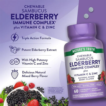 Nature's Truth Elderberry Immune Complex | 60 Chewable Tablets | Plus Vitamin C & Zinc | Mixed Berry | Vegan, Non-GMO, & Gluten Free Supplement