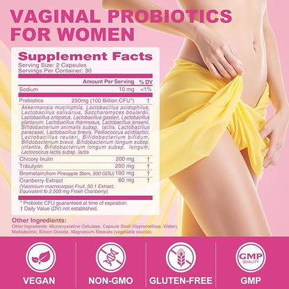 Vaginal Probiotics for Women, 100 Billion CFU with Akkermansia Probiotics & Prebiotics & Synbiotics Supplement for Vaginigal Health, pH Balance, Moisture, Odor Control, Non-GMO, Third-Party Tested