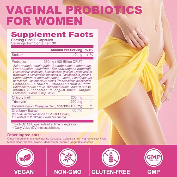 Vaginal Probiotics for Women, Akkermansia Probiotics & Prebiotics & Synbiotics Supplement for Vaginigal Health, pH Balance, Moisture, Odor Control | Non-GMO, Third-Party Tested | 100 Billion CFU