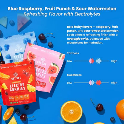 Day One Electrogummies Variety Pack - Fruit Punch, Blue Raspberry & Watermelon Electrolyte Gummies for Runner, Athlete - Hydration Gummies with Electrolytes - Alternative to Powders, Tablets 180 Count
