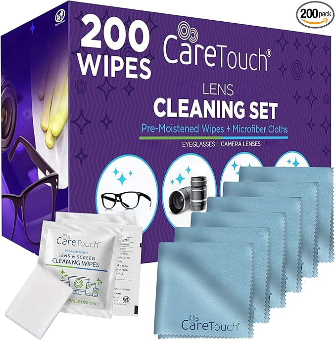 Care Touch Lens Cleaning Wipes with Microfiber Cloths - 200 Lens Wipes for Eyeglasses & 6 Microfiber Cloths - Glasses, Camera Lenses, Screens, Eye Glasses Cleaner for Cleaning Eyeglasses