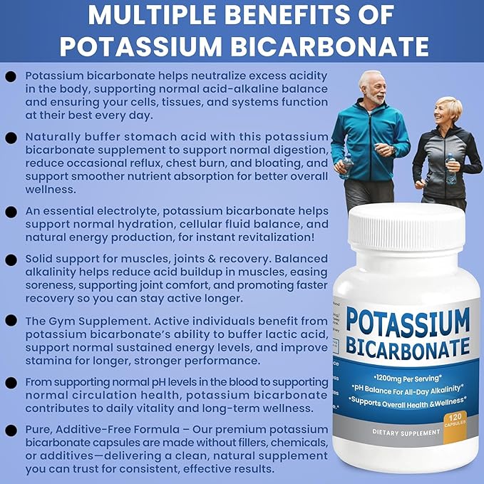 Pure Potassium Bicarbonate Supplement Capsules pH Balance Pills, High Potassium Electrolytes 1200mg Serv. USA Made Potassium Bicarbonate Food Grade, Acid-Alkaline Balance Immunity Endurance 2-Pack