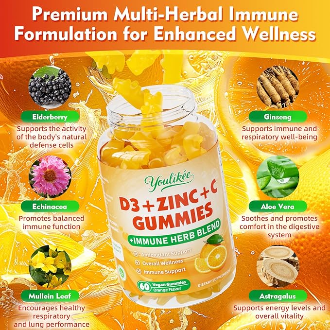 2 Pack Vitamin C + D3 + Zinc Gummies for Adults, Immune Support Supplement with Elderberry, Echinacea & Mullein Leaf - Antioxidant Support, Sugar Free, Orange Flavor, 120 Count