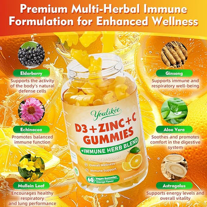 Vitamin C + D3 + Zinc Gummies for Adults, Immune Support Supplement with Elderberry, Echinacea & Mullein Leaf - Antioxidant Support, Sugar Free, Orange Flavor, 60 Count