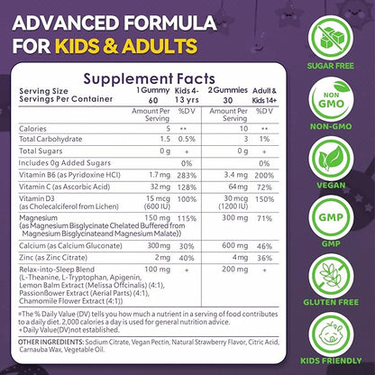 Magnesium Glycinate + Calcium Gummies for Kids Sugar Free Magnesium Gummy Kids Sleep Gummies Melatonin Free Magnesium Supplement for Children Zzz & Relax, Brain, Bone