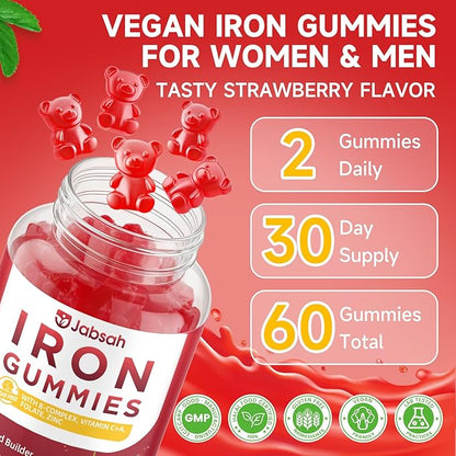 Vegan Iron Gummies for Women & Men, Iron Supplement with B-Complex, Vitamin C, A, Folate for Adults & Kids - Blood Builder & Energy Support & Immune Health - Strawberry Flavor, 60 Gummies
