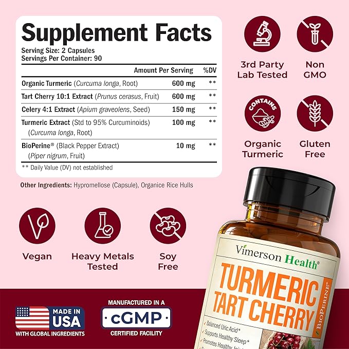 Turmeric Curcumin Supplement with 10:1 Tart Cherry Extract & Celery Seed Extract – Natural Uric Acid Balance, Joint Health & Sleep Aid – Turmeric Curcumin with Black Pepper – 180 Tart Cherry Capsules