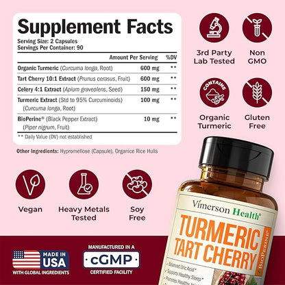 Turmeric Curcumin Supplement with 10:1 Tart Cherry Extract & Celery Seed Extract – Natural Uric Acid Balance, Joint Health & Sleep Aid – Turmeric Curcumin with Black Pepper – 180 Tart Cherry Capsules