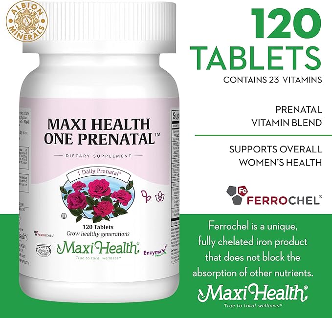 Maxi Health Prenatal Vitamins for Women – One Daily Prenatal Vitamins with Iron, Folate, Choline, Vitamin D3, and Essential Nutrients – High Absorption Supplement – 120 Day Supply