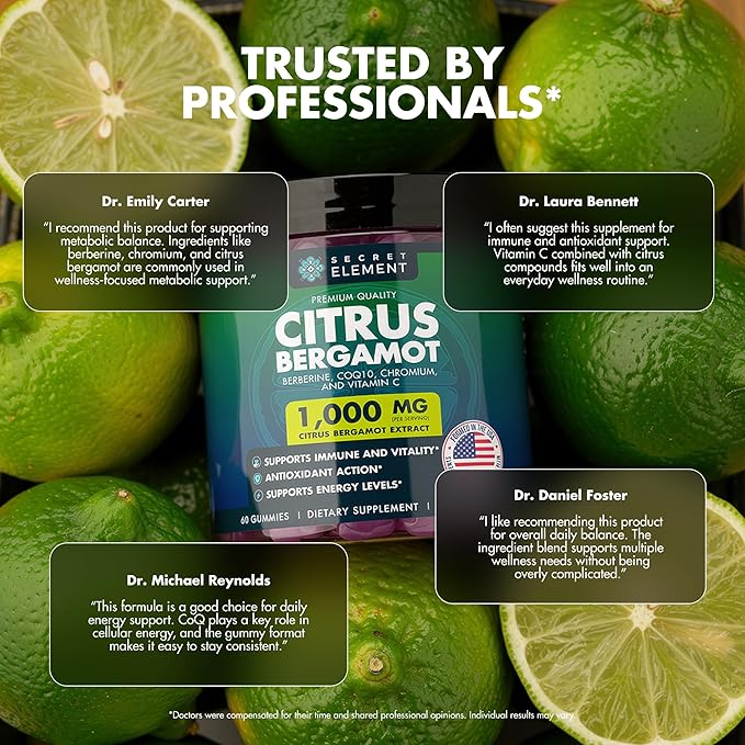 Citrus Bergamot 1000MG Gummies for Women and Men, Citrus Bergamot Extract with Berberine, CoQ10, Chromium & Vitamin C, Metabolic & Antioxidant Support, Sugar Free, Vegan, Lime Flavor, 60 Gummies