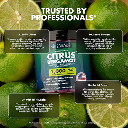 Citrus Bergamot 1000MG Gummies for Women and Men, Citrus Bergamot Extract with Berberine, CoQ10, Chromium & Vitamin C, Metabolic & Antioxidant Support, Sugar Free, Vegan, Lime Flavor, 60 Gummies