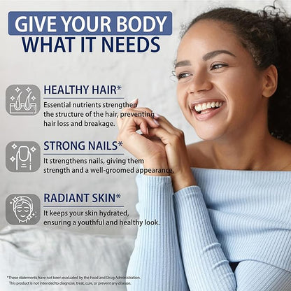 Biotin with Hyaluronic Acid, Keratin and Collagen Supplements - 10000mcg for Hair Growth Women and Men - Hair Skin and Nails Vitamins - 60 Capsules