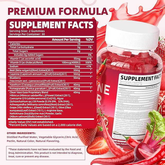 Cayenne Pepper Beet Root Gummies, with Beetroot Garlic CoQ10 Hawthorn Berry Grape Seed Extract Olive Leaf Nattokinase Hibiscus Vitamin D Nitric Oxide and Others, Support Overall Wellness, 60 Count