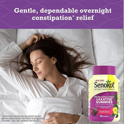 Senokot Dietary Supplement Laxative Gummies,Natural Senna Extract,Gentle,Overnight Relief from Occasional Constipation,Mixed Berry Flavor,90 Count (Pack of 2)