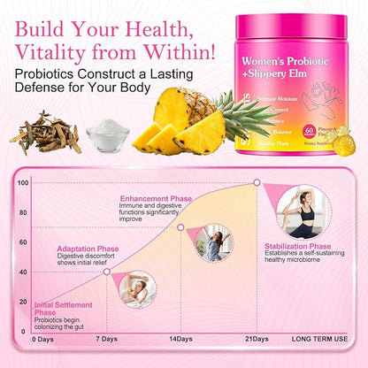 Her Juicy Feminine Probiotics Gummies, Women's Probiotic with Slippery Elm, Pineapple Gummies Support Women PH Balance and Vaginal Wellness, Gut Health & Immune System, 60 Gummies