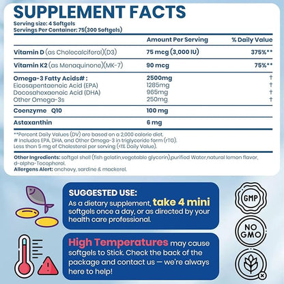 Omega 3 Fish Oil with Vitamin D3 K2 – 300 Lemon Flavored Burpless Softgels | Fish Oil Omega 3 Supplements Support Heart, Brain, Eyes & Immune Health | Gluten-Free, Non-GMO