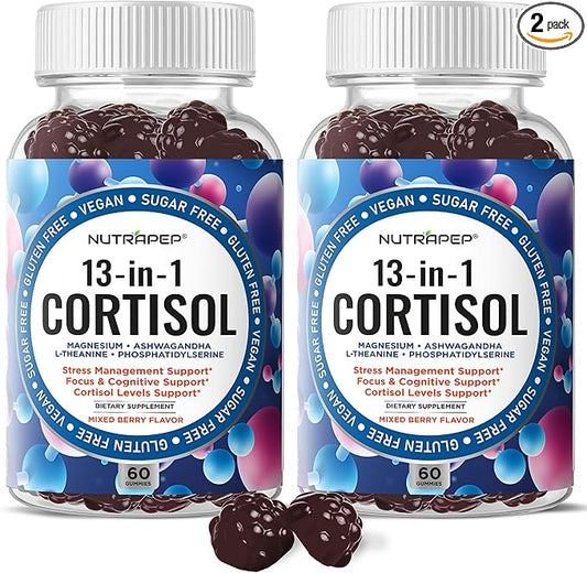 Cortisol Gummies for Women Men - 13-in-1 High Cortisol Reducer with Ashwagandha Magnesium L-theanine Rhodiola Rosea - Daily Cortisol Detox Manager for Stress Focus Support (Pack of 2)