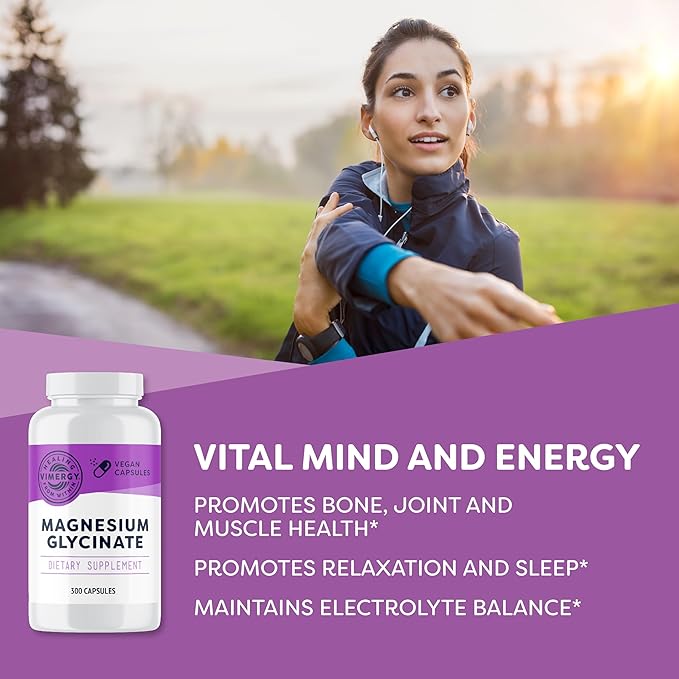 VIMERGY Magnesium Glycinate – Stress Support – Chelated to Avoid Tummy Upset*– Promotes Heart Health & Energy*– Kosher, Vegan Gluten-Free – 300 Caps