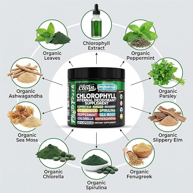 Clean Nutra Chlorophyll Capsules Supplement Internal Deodorant Peppermint, Sea Moss, Parsley, Chlorella, Spirulina, Slippery Elm, Ashwagandha, PhytoFresh Greens Detox Pills