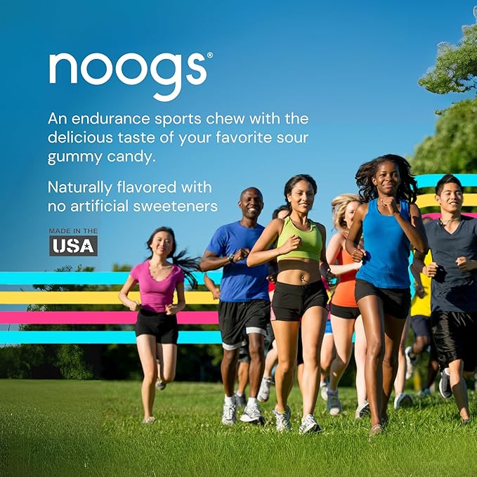 Noogs Sour Energy Chews, Lemon Zinger Electrolyte Energy Gummies, Sour Candy Flavored Alternative to Running Gels, Vegan, Gluten Free & Caffeine Free, 12 Pack
