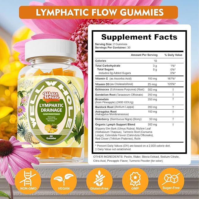 Well&Whole Lymphatic Drainage Gummies, Lymphatic Drainage Supplements with Echinacea, Dandelion, Burdock, Lymph System Support, Lymph Detox Cleanse & Immune Support, Pineapple, Vagan, 60 Gummies