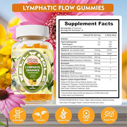 Well&Whole Lymphatic Drainage Gummies, Lymphatic Drainage Supplements with Echinacea, Dandelion, Burdock, Lymph System Support, Lymph Detox Cleanse & Immune Support, Pineapple, Vagan, 60 Gummies