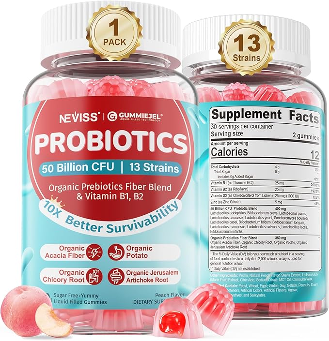 NEVISS Probiotic + Prebiotic Gummies for Adults & Kids 4+, Sugar Free Chewable 50 Billion CFUs w/Fiber, Vitamin B1 B2 D3 & Zinc, for Digestive & Gut Health, Boost Microflora Diversity, 60 Cts
