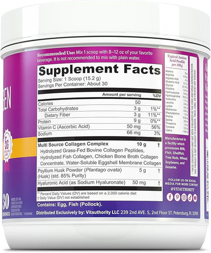 Vitauthority Multi Collagen Protein Powder + Fiber Supplement Collagen Types I, II, III, V & X | Hair, Skin, Nail, & Digestive Support | Vitamin C & Hyaluronic Acid, Unflavored 30 Servings