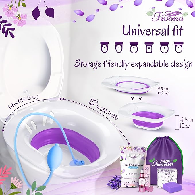 FIVONA Yoni Care Kit 6 in 1 - pH Balanced Natural Yoni Oil, Herbal Soap Bar for Feminine Wash, Detox V Steam Herbs Blue Moon, Foldable Sitz Bath Steam Pot, Hand Flusher and Drawstring Storage Bag