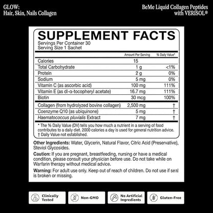 BeMe Liquid Collagen for Women — 2,500mg Hydrolyzed Bovine VERISOL Collagen Peptides Drink — Biotin, CoQ10 & Vitamin C Collagen Supplement for Hair, Skin & Nails — Strawberry, 30 Sachets