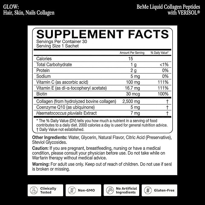 BeMe Liquid Collagen for Women — 2,500mg Hydrolyzed Bovine Collagen Peptides Drink with Biotin & Vitamin C — Clinically Studied Collagen Supplement for Hair, Skin & Nails — Strawberry, 15 Sachets