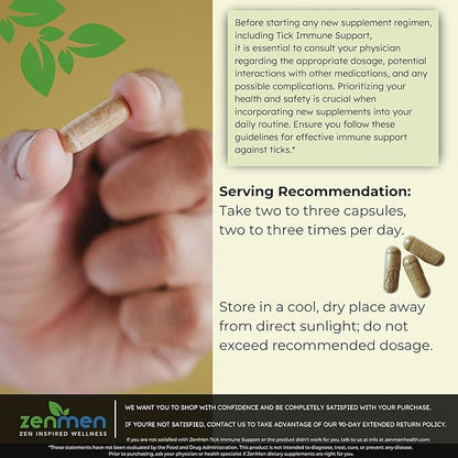 Zenmen Tick Immune Support 180 Vegan Capsules, 2 Bottles - Improved Formula - Japanese Knotweed, Cat's Claw, Chinese Skullcap, Cryptolepis Sanguinolenta, Sweet Wormwood - Made in The USA