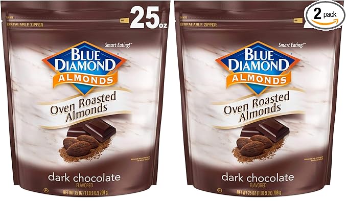 Blue Diamond Almonds, Roasted Dark Chocolate Flavored Snack Nuts, Plant-Based Protein & Fiber, for Events, Holidays, Parties, Lunch, Guilt-Free Snack with Real Cocoa, 25 Oz Resealable Bag (Pack of 2)