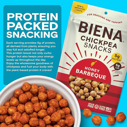 BIENA Chickpea Snacks - Crunchy Roasted Chickpeas - High Fiber Protein Snacks for Adults and Kids - 4-Pack, 5 Ounce Bags - Barbecue