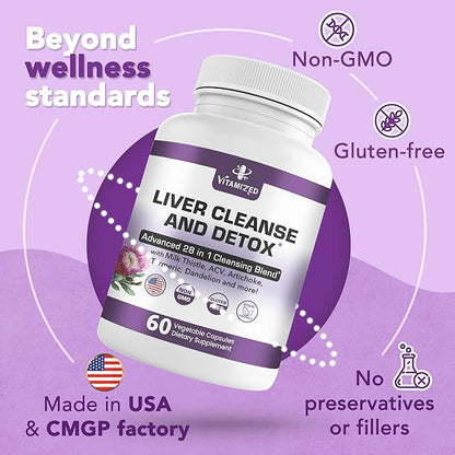 Liver Cleanse Detox & Repair Fatty Liver Supplements 28-in-1 Advanced Herbal Liver Health Supplement Formula - Milk Thistle Silymarin, Artichoke Extract, Dandelion & Apple Cider Vinegar - 60 Pills