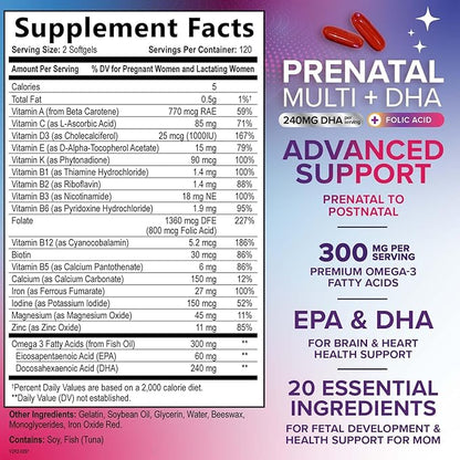 Prenatal Vitamins for Women with Folic Acid + Omega 3 DHA for Fetal Brain Development, Best Prenatal Vitamin Supplement, Daily Pregnancy Multivitamin Nutritional Support, Non-GMO - 240 Softgels