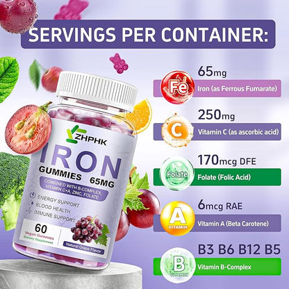 ZHPHK Iron Supplement for Women and Men, Grape Flavored Gummies 65mg and 250mg Vitamin C & Folate for Iron Deficiency and Anemia, Energy Support & Immune Health, 60 Count